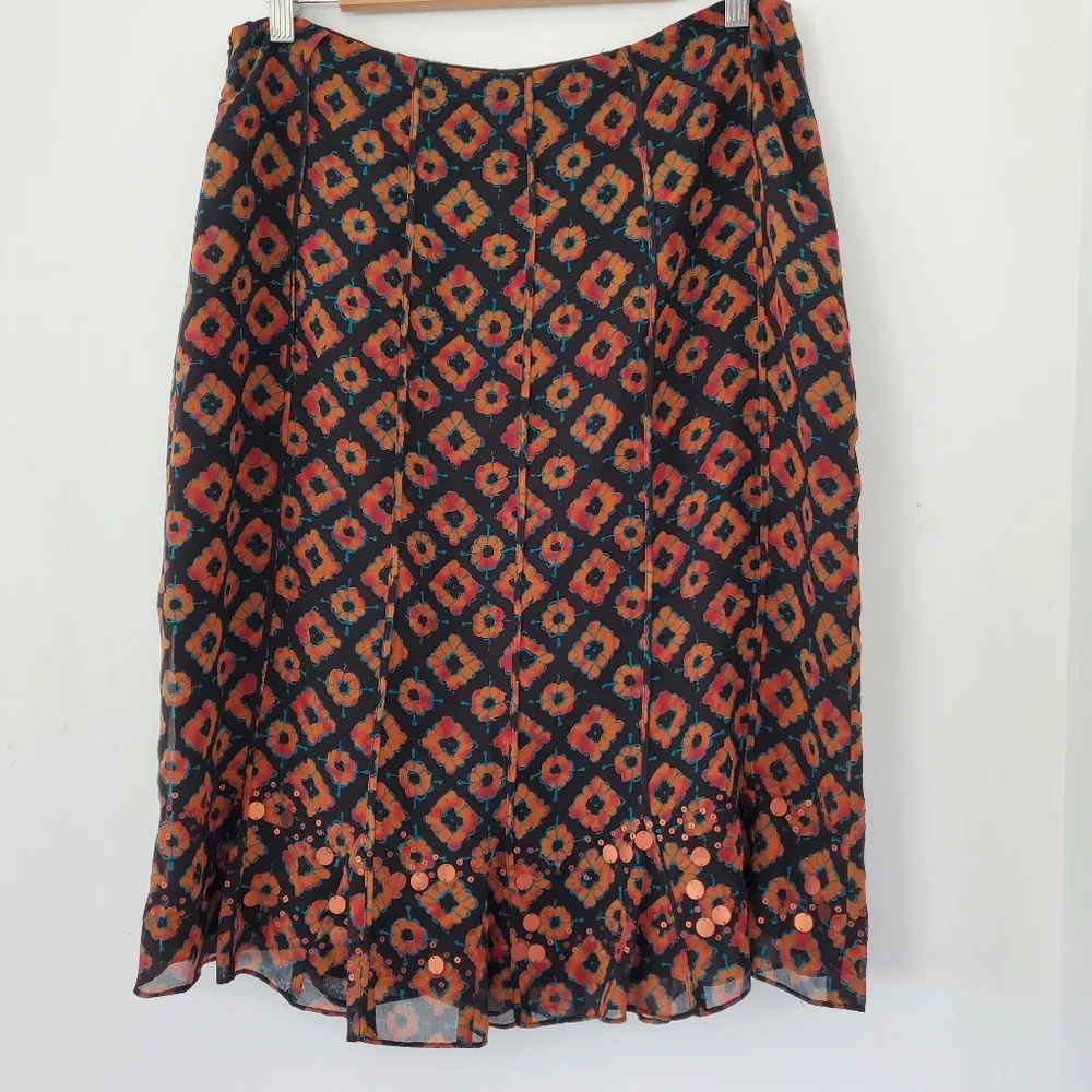100% Silk Black Rust Print Skirt 12 Copper Sequins Ruffle Hem JONES NEW YORK EUC